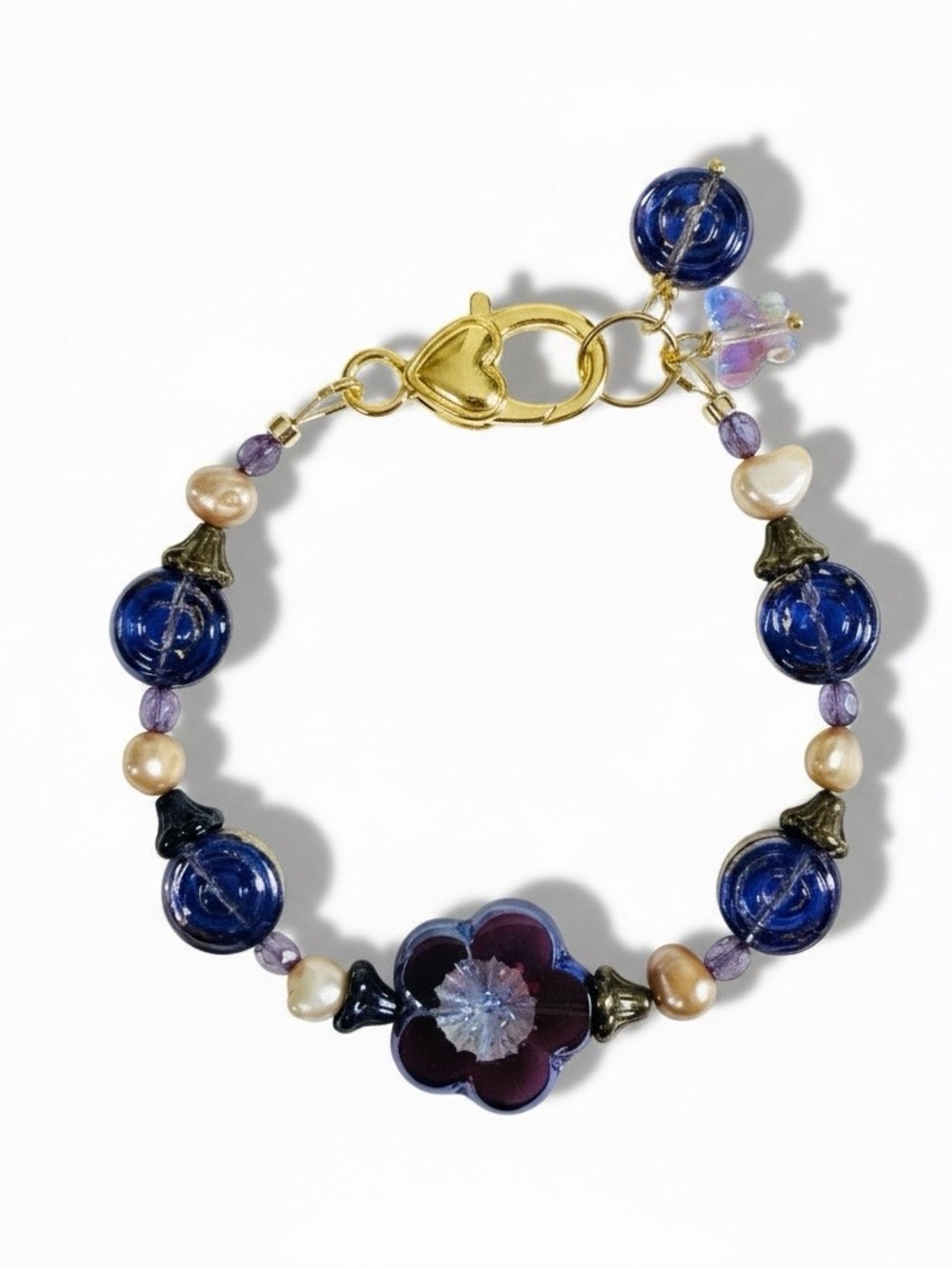 Purple Czech Glass & Peach Pearl Bracelet – Gold-Plated Floral Bracelet